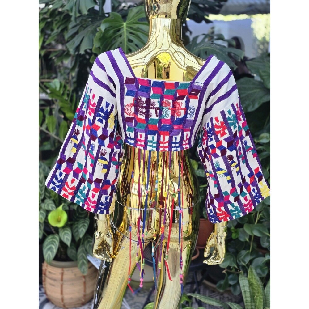 Vintage Guatemalan Huipil Hand Embroidered Crop Top Blouse Birds Tassels S/M